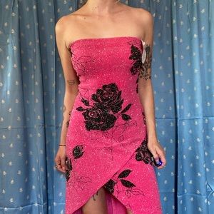 Deadstock Y2K pink black sparkly rose dress sz Med